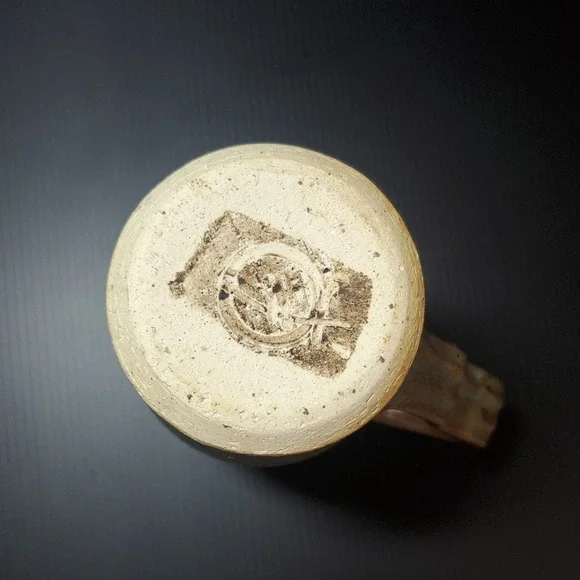 Studio Pottery Tall Mug Stoneware Leaf Motif Green Brown Handle with thumb rest - Picture 8 of 10